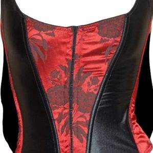 Vintage black red satin floral corset bustier small